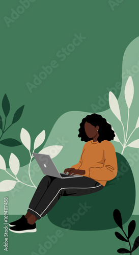 Black woman comfortably working on a laptop, sitting on a beanbag chair. Illustrates remote work, education, and modern freelance lifestyle in a calm, green environment.