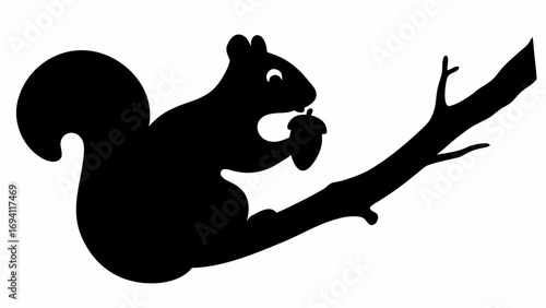 Silhouette of a squirrel sitting on a branch holding an acorn with a bushy tail and small ears visible