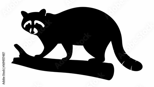 Raccoon silhouette perched on a branch in black and white, showing its tail and facial markings clearly