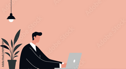Illustrated businessman working diligently on his laptop, embodying remote productivity and modern digital lifestyle. Perfect for various commercial uses.
