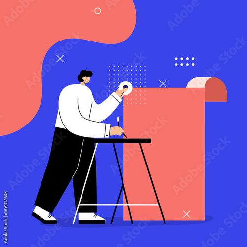 Creative professional illustrating ideas or developing new concepts on a large board. Ideal for business, design, and innovation themes.
