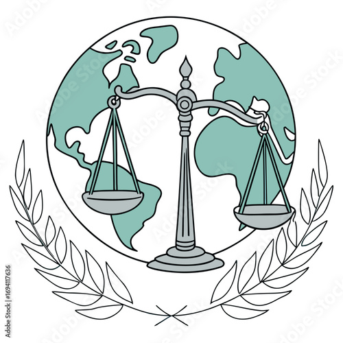 Globe and justice hammer illustration with human element