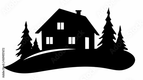 Silhouette of a house with a chimney and windows surrounded by evergreen trees on a snowy hillside