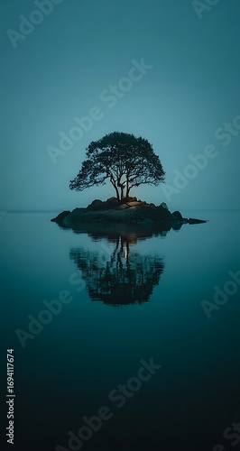 A solitary tree on a rocky island reflected in the still water under a muted blue sky at twilight