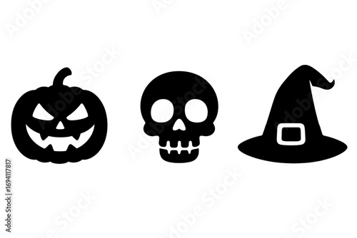 Halloween silhouette icon set with jack o'lantern pumpkin, scary skull, and magic witch hat. Spooky horror symbols for party decoration. Vector graphic illustration.
