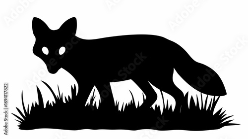 Silhouette of a fox standing in tall grass with glowing eyes in a black and white illustration style