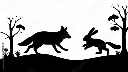 Silhouette of a fox chasing a rabbit across a landscape with bare trees and small plants in black and white