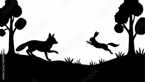 Silhouette of a fox chasing a rabbit across a field with trees on either side in black and white style