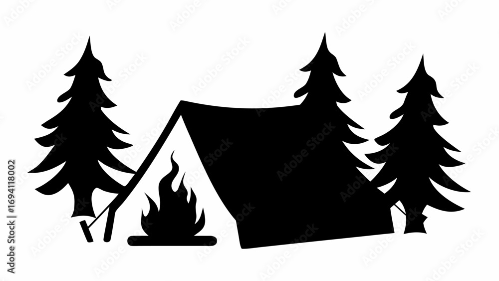 Fototapeta premium Illustration of a camping scene with a tent, a bonfire, and three pine trees in a simple black silhouette