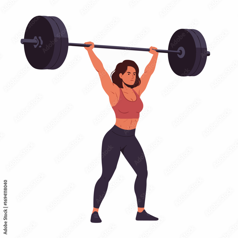 Fototapeta premium Strong woman lifting heavy barbell overhead with determination and power