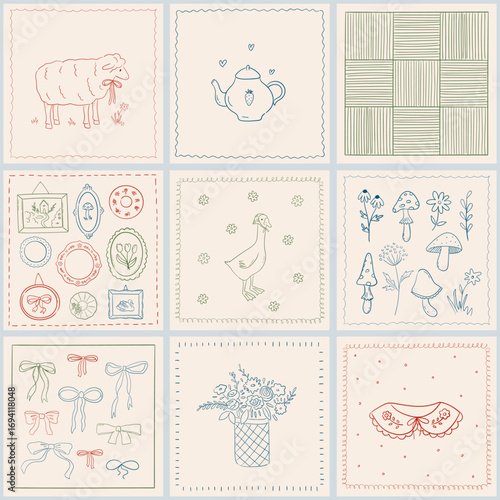 Granny patchwork seamless pattern. Cottagecore blanket texture with embroidery, crochet squares. Vintage farmhouse aesthetic. Vector design