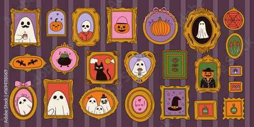 Collection of fancy frames with kind ghost portraits. Funny halloween spirits and monsters clipart. Ornate pictures gallery in haunted house. Decorative vector art