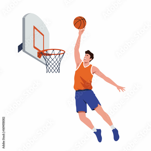 Dynamic basketball player making a slam dunk shot with energy and confidence