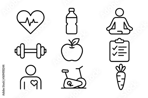Healthy lifestyle line icon set. Fitness, wellness and nutrition outline icons. Health, sport, diet, yoga, exercise, gym, heart, food and checklist vector symbols collection.