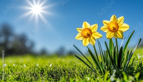 A Beautiful Spring Landscape with Bright Yellow Daffodils in a Lush Green Meadow Under Sunshine