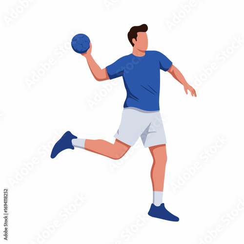 Athletic man in blue shirt and white shorts throwing handball with dynamic motion
