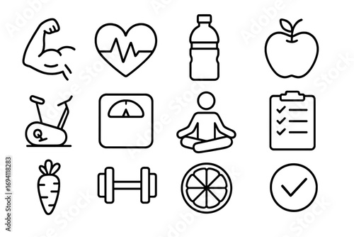 Healthy lifestyle line icon set. Fitness, wellness, and nutrition outline icons. Vector collection of symbols for health, diet, sport, and exercise. Gym workout, yoga, and food.