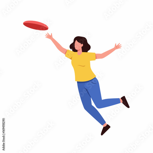 Energetic woman leaping to catch a flying frisbee in playful outdoor activity