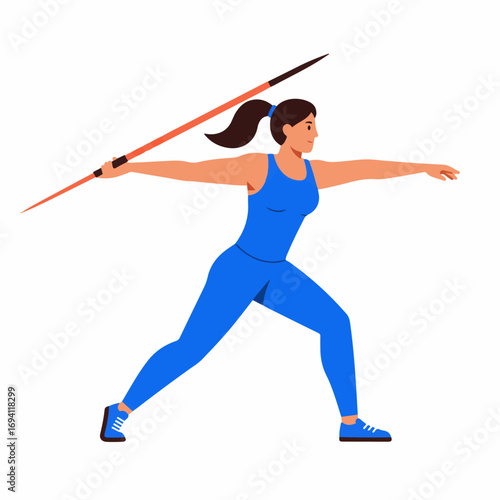 Athletic woman powerfully throwing javelin during track and field competition