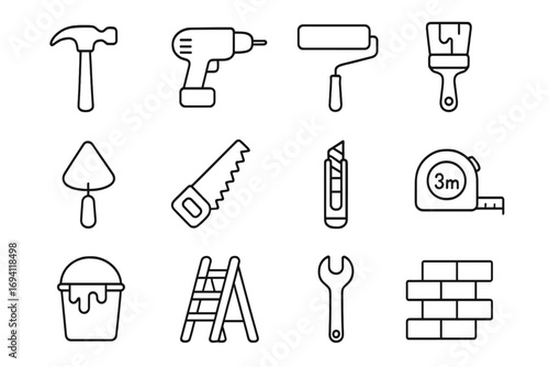 Home improvement line icon set. Construction tools for renovation and DIY projects. Vector symbols including hammer, drill, saw, paint roller, ladder, and wrench essentials.