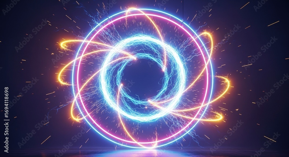Fototapeta premium Vibrant glowing concentric rings of light and swirling energy with sparks emanating from a central core on a dark reflective surface