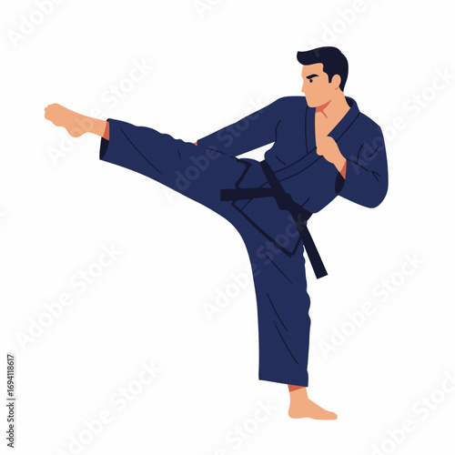Dynamic martial artist executing powerful side kick in traditional uniform