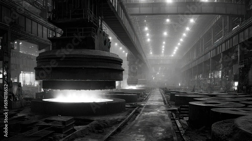 Heavy Industrial Black and White Image of Steel Production in Factory