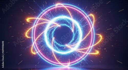 Vibrant glowing concentric rings of light and swirling energy with sparks emanating from a central core on a dark reflective surface