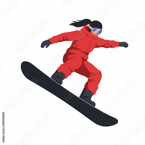 Dynamic snowboarder in red suit glides downhill with speed and grace