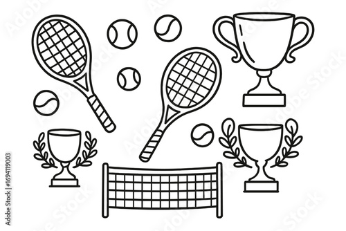 Tennis sport equipment vector icon set in doodle outline style. Hand drawn collection of racket, ball, net, trophy cup for championship game. Isolated cartoon illustration.