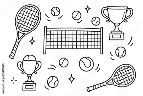 Tennis sport equipment doodle set. Hand drawn vector illustration. Collection of cartoon icons. Racket, ball, net, winner cup, trophy. Outline sketch design elements.