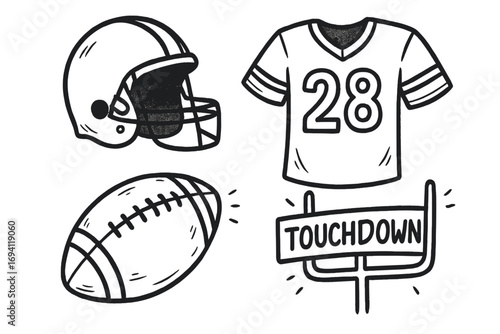 American football hand drawn elements collection. Vector cartoon icons set including helmet, jersey, ball and touchdown. Sport equipment sketch for game day graphic design.