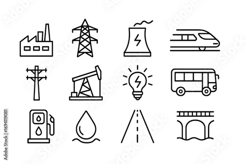 Infrastructure icon set with energy and transportation symbols. Linear icons of factory, oil, power plant, train, bus, road, bridge, gas pump, and electricity. Utility vector collection.