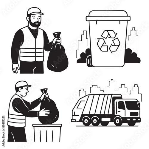 Trash utility, disposal and recycling concept set Vector