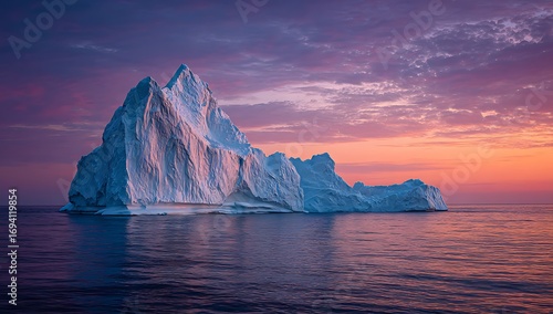 Iceberg floating on the ocean surface under a colorful sunset sky with pink and purple hues present