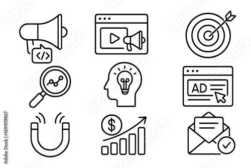Marketing advertising line icon set. Digital campaign and analytics symbols. Lead generation, SEO, email marketing, targeting, ROI, business growth and strategy icons.