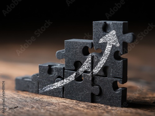 Working on steps shaped jigsaw puzzle. Drawing up arrow on black. Concept image of making growth strategy.