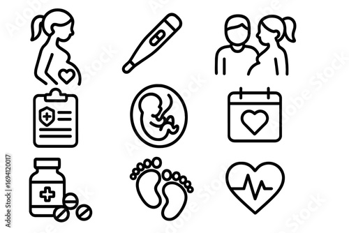 Maternity and pregnancy outline icon set. Vector collection of healthcare, baby planning symbols. Medical icons for fertility, gynecology: fetus, test, calendar, newborn.