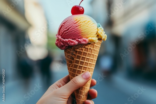 A Vibrant Gelato Scoop in Hand, Showcasing Colorful Flavors Against a Bright Summer Backdrop