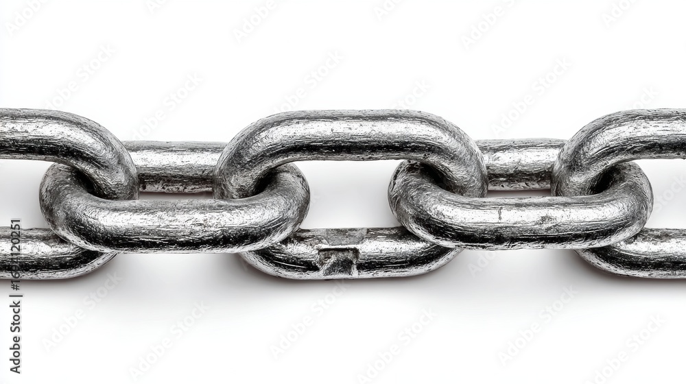 Fototapeta premium Metallic Chain Links Close up Showcasing Texture and Shine Against a White Background