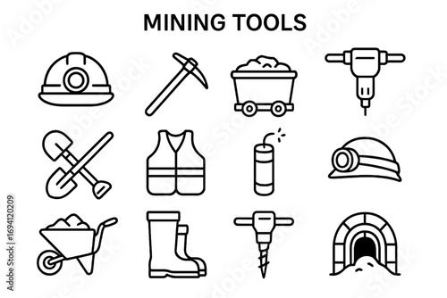 Mining tools outline icon set. Mine industry equipment collection. Vector line art illustration for coal or gold digging. Safety gear, helmet, dynamite and tunnel symbols.