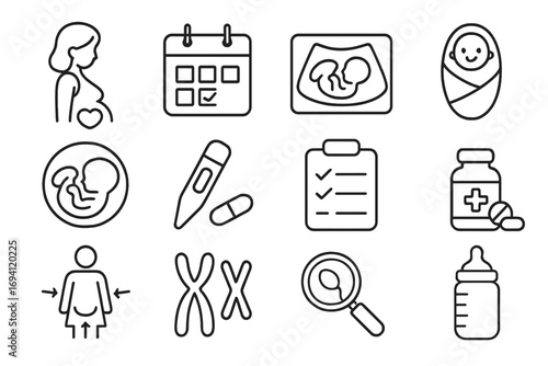Pregnancy and motherhood medical line icon set. Fetal development, newborn baby, and healthcare essentials. Gynecology, obstetrics, fertility, and prenatal vector icons.