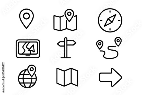 Navigation line icon set. Gps direction, map pointer and travel icons outline collection. Location pin, route, destination, journey and compass sign symbol for web.