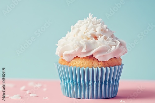 A single coconut cupcake topped with fluffy white frosting and shredded coconut, served in a pastel blue wrapper 