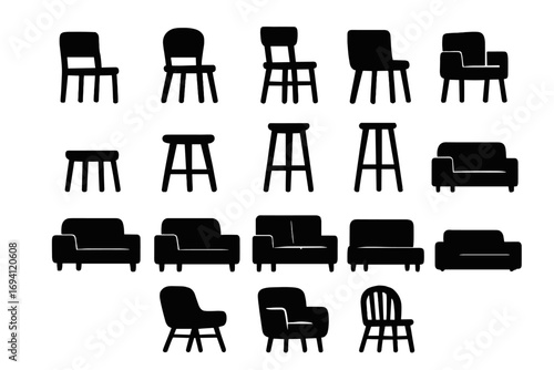 Minimalist furniture icon set. Vector collection of black silhouettes of chairs, stools, sofas, and armchairs. Interior design elements. Modern home furnishings symbols.