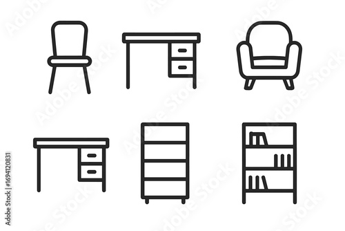 Furniture line icon set. Chair, desk, armchair, bookshelf symbols. Minimalist home office interior design elements. Simple outline vector signs. pictogram collection.