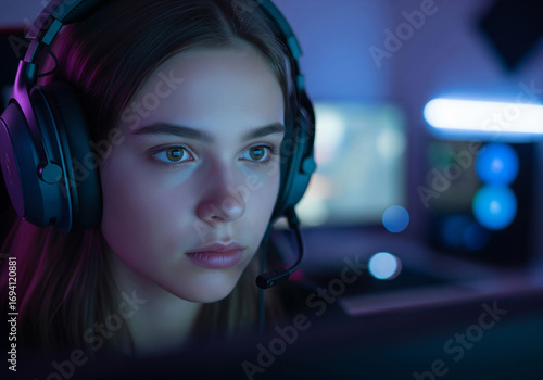 Girl gamer is intensely focused on computer screen, illuminated by neon glow. Wearing gaming headset with microphone. Concentration and dedication common in the gaming community and esports culture