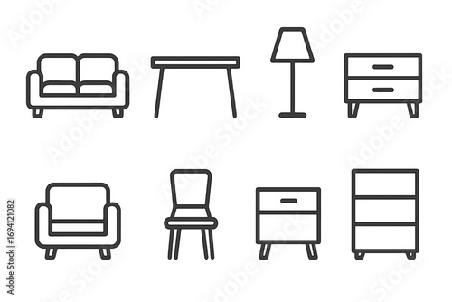 Minimalist home furniture vector icons set. Sofa, table, lamp, chair, armchair, cabinet. Simple outline symbol. Interior design element. Linear pictogram collection.
