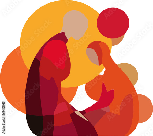 Conceptual vector illustration with two simplified human silhouettes representing caregiver and patient, abstract geometric shapes in warm tones symbolizing care, compassion and emotional support on t