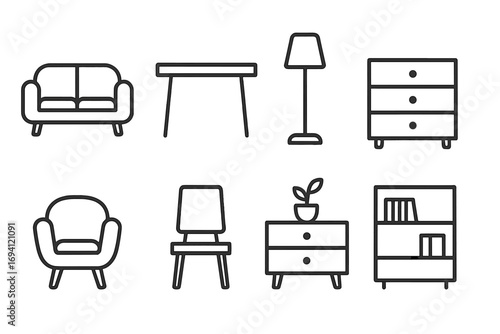 Home furniture line icon set. Minimalist vector collection of interior design elements: sofa, chair, table, lamp, bookshelf. Modern outline pictogram symbols for web.